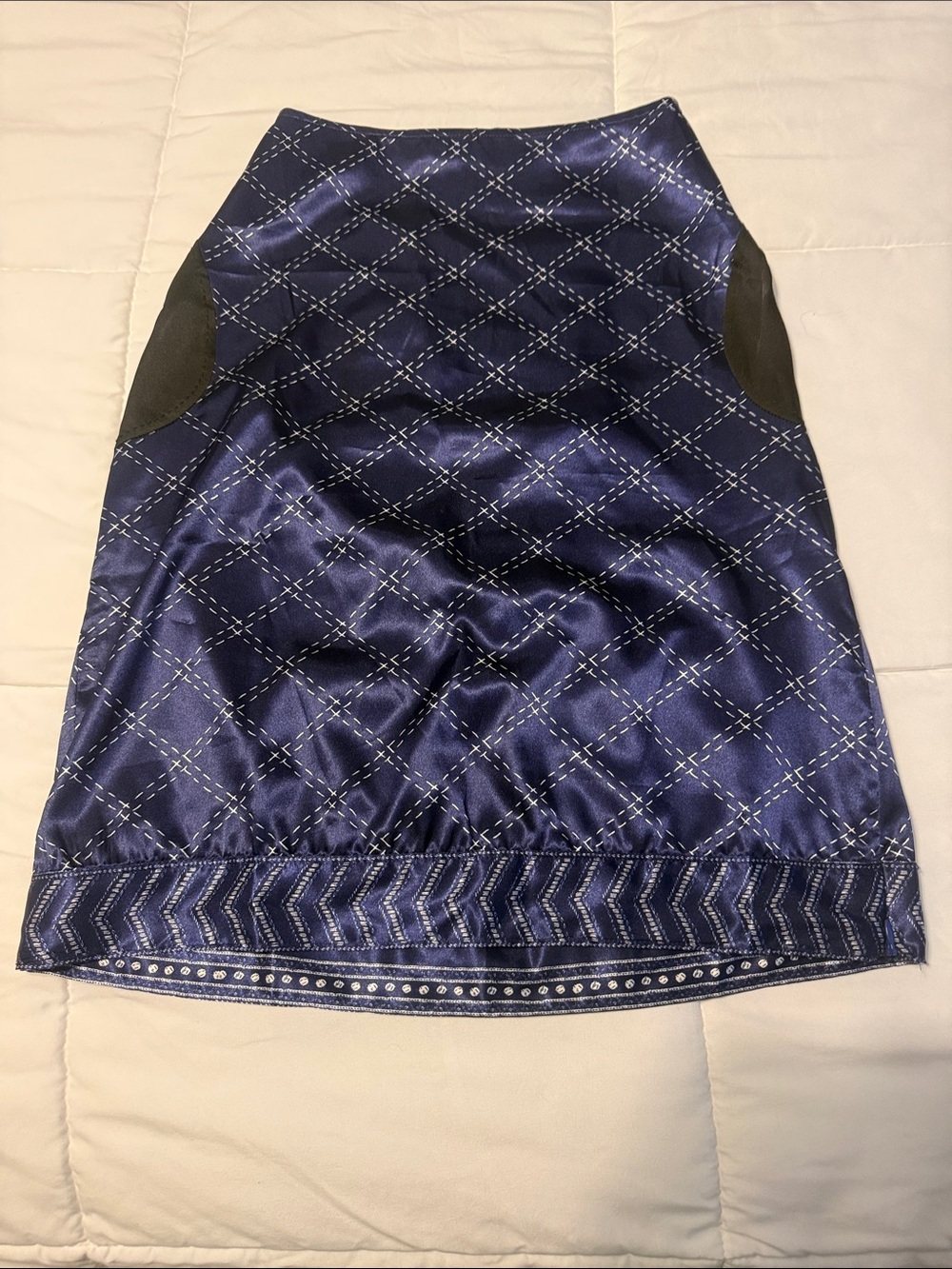 Spiegel Navy Satin Diamond-Print Pencil Skirt with Black Side Panels